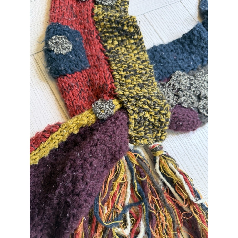 Lucky Brand Patchwork Acrylic Retro Knit Scarf Floral Tassel Trim Boho Hippy 66" - Picture 5 of 10